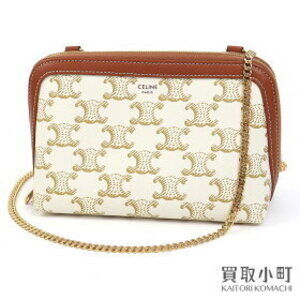 Celine Chain Clutch Bag Triomphe Canvas Lambskin White Tan